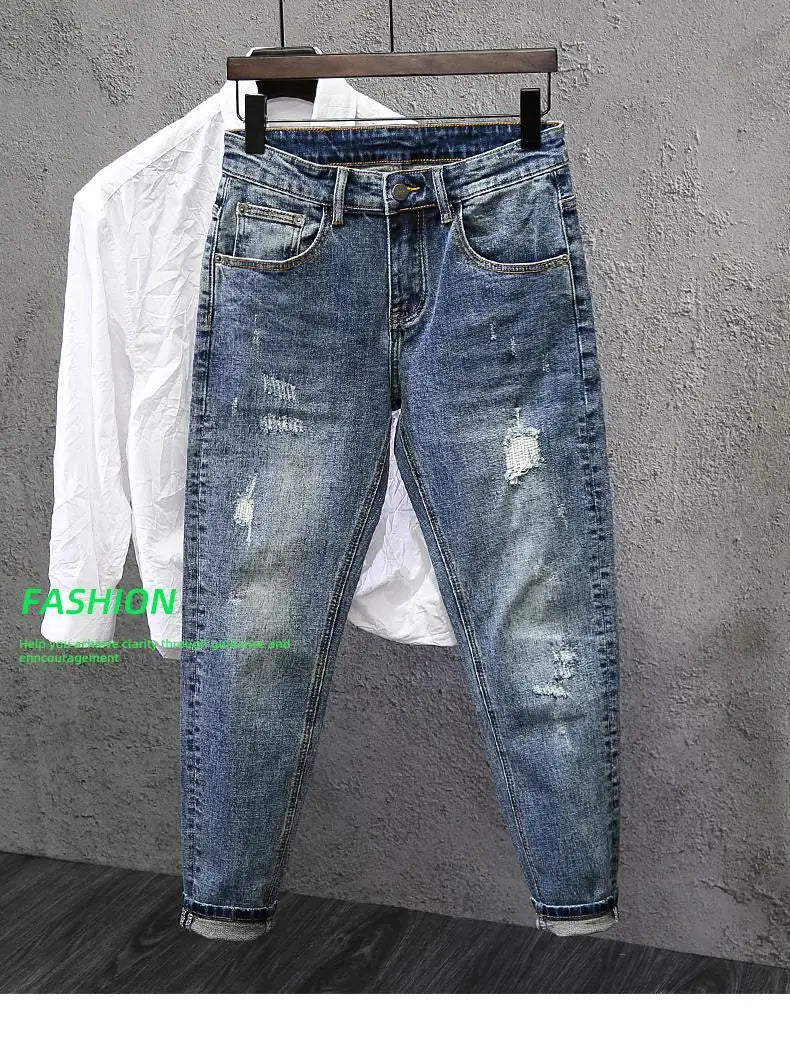 Jeans Ripped Trendy High Street Men's Long Pants Men's Brand Knees 2025 New Spring Autumn Slim Feet Streetwear Men Blue Jeans