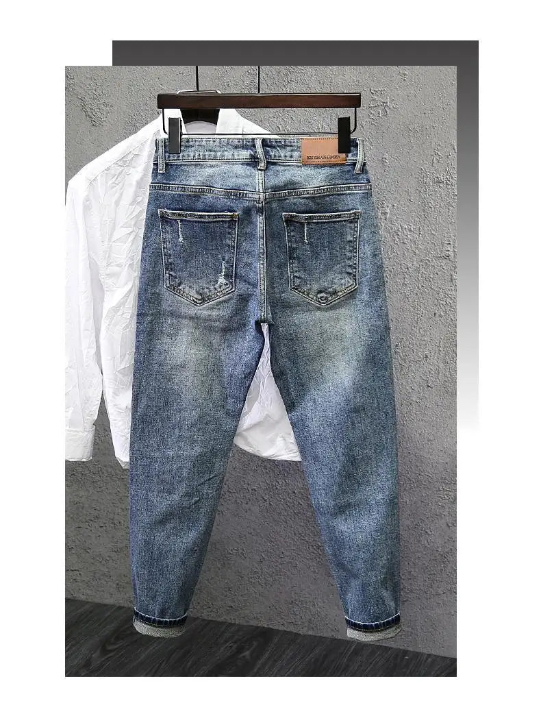 Jeans Ripped Trendy High Street Men's Long Pants Men's Brand Knees 2025 New Spring Autumn Slim Feet Streetwear Men Blue Jeans