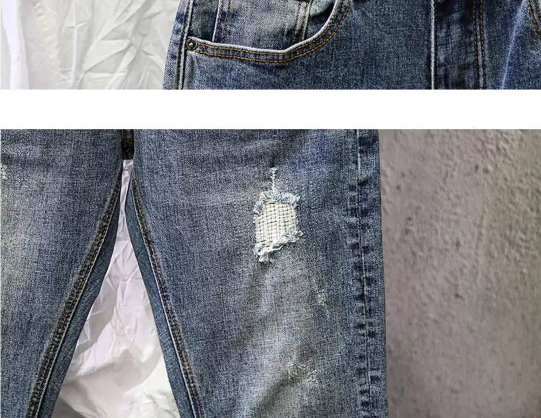 Jeans Ripped Trendy High Street Men's Long Pants Men's Brand Knees 2025 New Spring Autumn Slim Feet Streetwear Men Blue Jeans